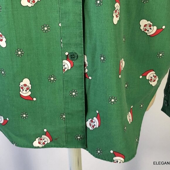 Vintage '90s Womens Christmas Button-Up Shirt Green Santa Print Slim Fit Size 8 - Picture 6 of 7